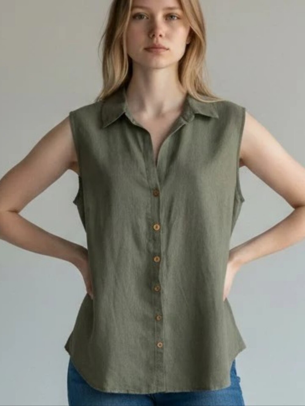 Ellen Tracy Olive Green 100% Linen Top